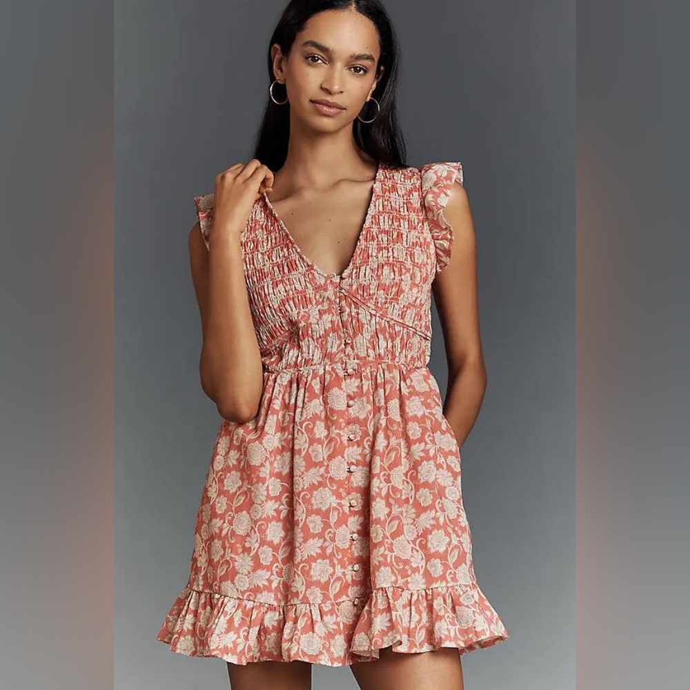 Smock Bodice Floral Mini Dress